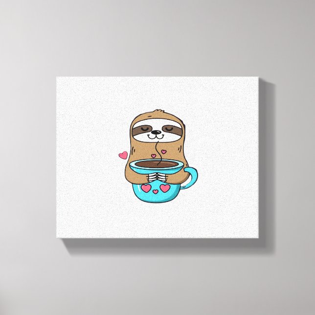 Chibi Sloth Coffee Lover – Cute Kawaii Sloth Huggi Canvas Print (Front)