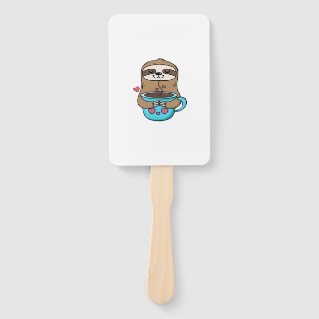 Chibi Sloth Coffee Lover � Cute Kawaii Sloth Huggi Hand Fan (Front)