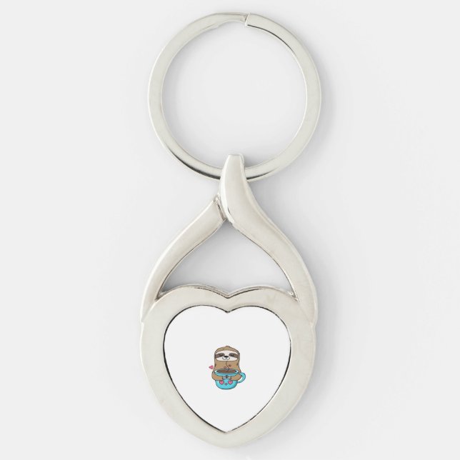 Chibi Sloth Coffee Lover – Cute Kawaii Sloth Huggi Keychain (Front)