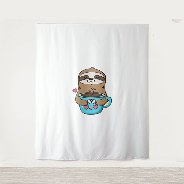 Chibi Sloth Coffee Lover – Cute Kawaii Sloth Huggi Tapestry (Front)