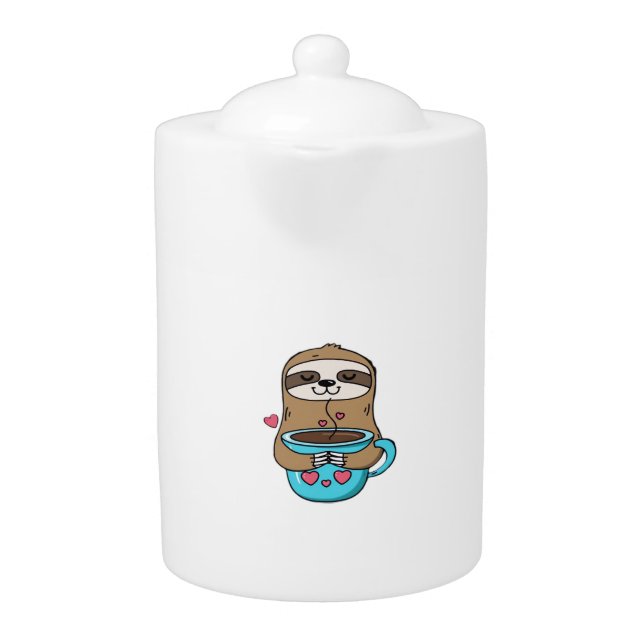 Chibi Sloth Coffee Lover – Cute Kawaii Sloth Huggi Teapot (Front)