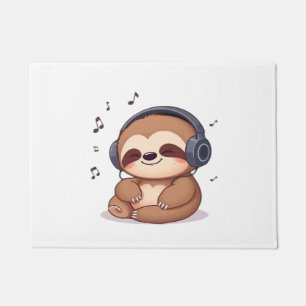 Chibi Sloth with Headphones � Cute Kawaii Relaxing Doormat