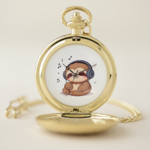 Chibi Sloth with Headphones � Cute Kawaii Relaxing Pocket Watch