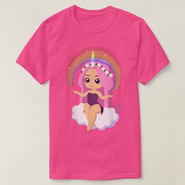 Chibi style Kawaii Anime Girl Rainbow Unicorn  T-Shirt (Design Front)