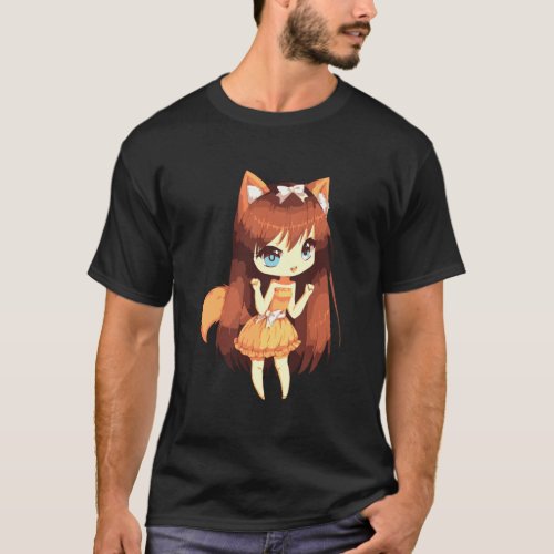 Chibi Style Kawaii Japanese Anime Girl With Fox Ea T_Shirt