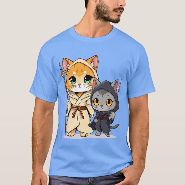 Chibi Style Medieval Cats with Spears T-Shirt (Front)