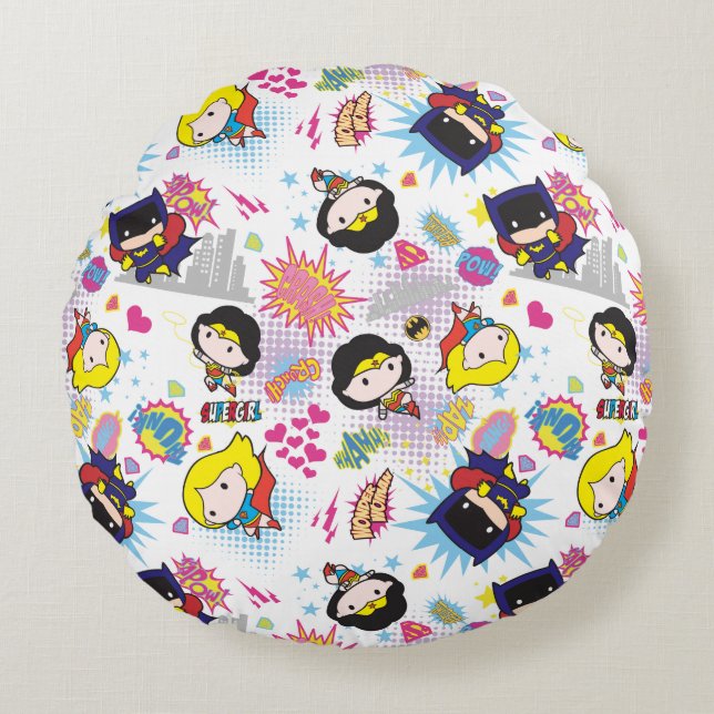 Chibi Super Heroine Pattern Round Pillow (Front)