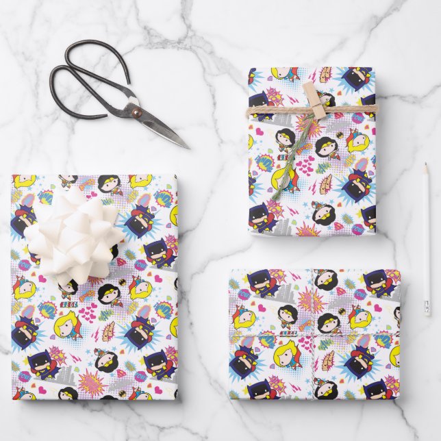 Chibi Super Heroine Pattern Wrapping Paper Sheets (Front)