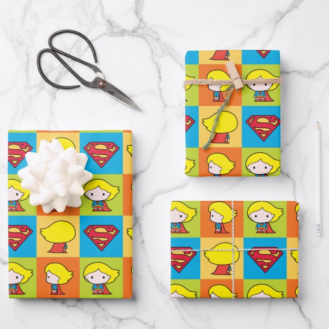 Chibi Supergirl Character Turnaround Wrapping Paper Sheets (Front)