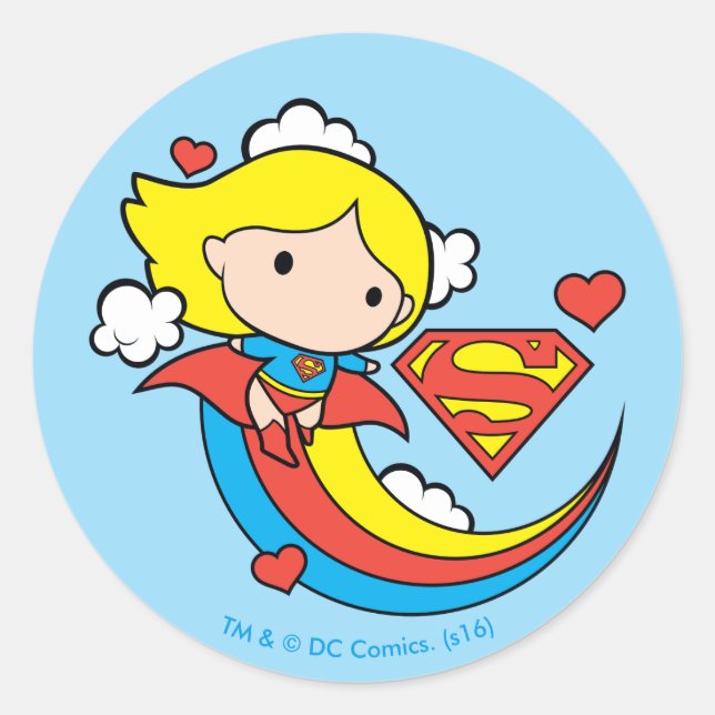 Chibi Supergirl Flying Rainbow Classic Round Sticker (Front)