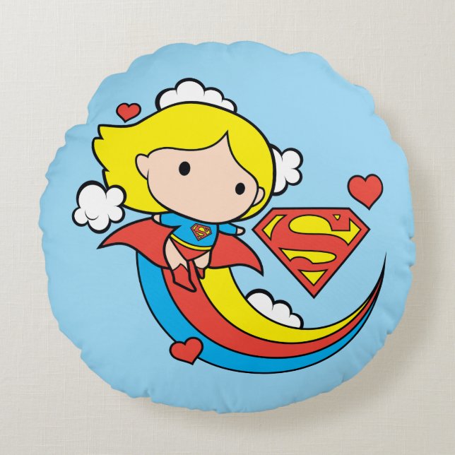 Chibi Supergirl Flying Rainbow Round Pillow (Front)