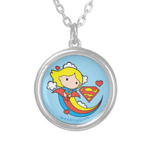 Chibi Supergirl Flying Rainbow Silver Plated Necklace
