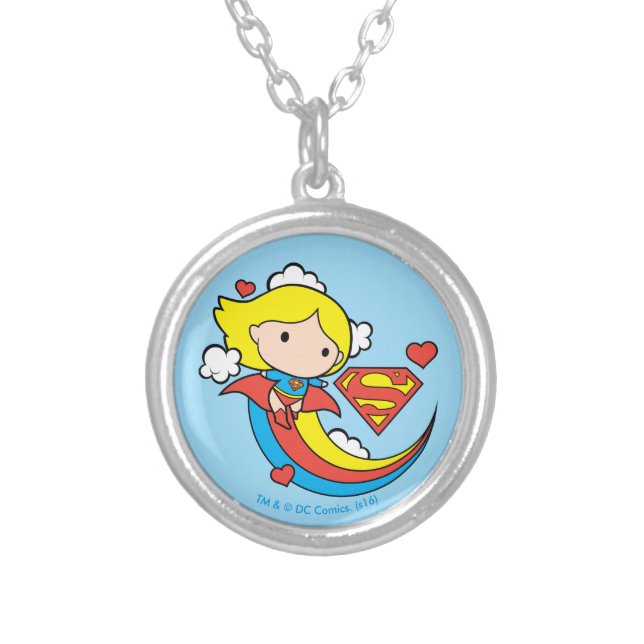Chibi Supergirl Flying Rainbow Silver Plated Necklace (Front)