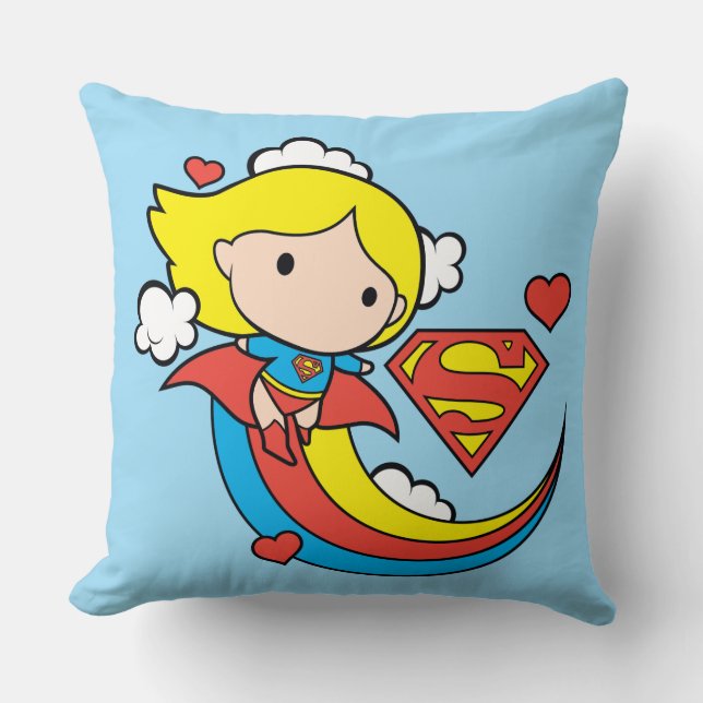 Chibi Supergirl Flying Rainbow Throw Pillow (Front)
