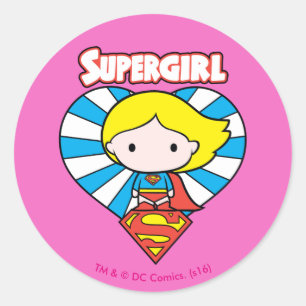 Chibi Supergirl Starburst Heart and Logo Classic Round Sticker