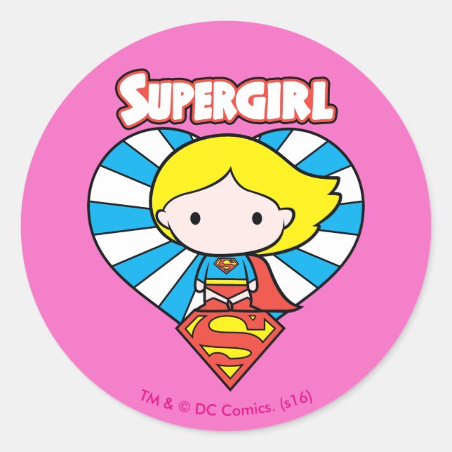 Chibi Supergirl Starburst Heart and Logo Classic Round Sticker (Front)