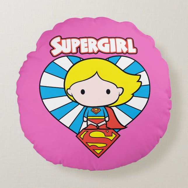 Chibi Supergirl Starburst Heart and Logo Round Pillow (Front)