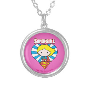Chibi Supergirl Starburst Heart and Logo Silver Plated Necklace