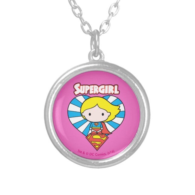Chibi Supergirl Starburst Heart and Logo Silver Plated Necklace (Front)