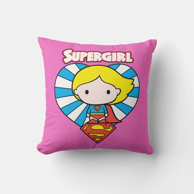 Chibi Supergirl Starburst Heart and Logo Throw Pillow (Front)