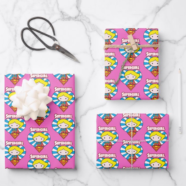 Chibi Supergirl Starburst Heart and Logo Wrapping Paper Sheets (Front)