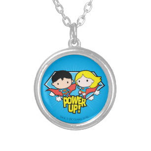 Chibi Superman & Chibi Supergirl Power Up! Silver Plated Necklace