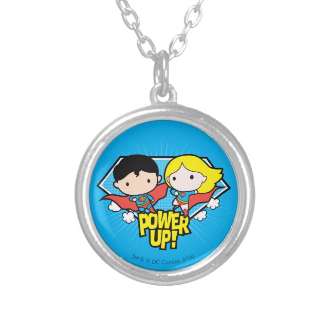 Chibi Superman & Chibi Supergirl Power Up! Silver Plated Necklace (Front)
