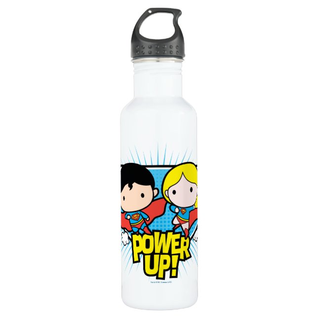 Chibi Superman & Chibi Supergirl Power Up! Stainless Steel Water Bottle (Front)