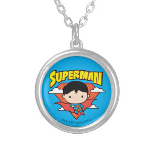 Chibi Superman Polka Dot Shield and Name Silver Plated Necklace
