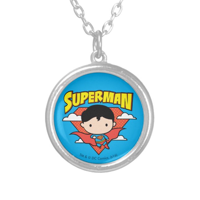 Chibi Superman Polka Dot Shield and Name Silver Plated Necklace (Front)