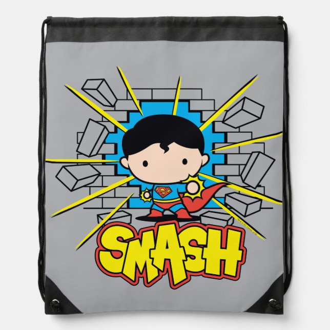 Chibi Superman Smashing Through Brick Wall Drawstring Bag (Front)