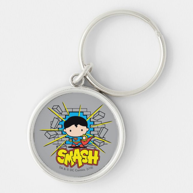 Chibi Superman Smashing Through Brick Wall Keychain (Front)