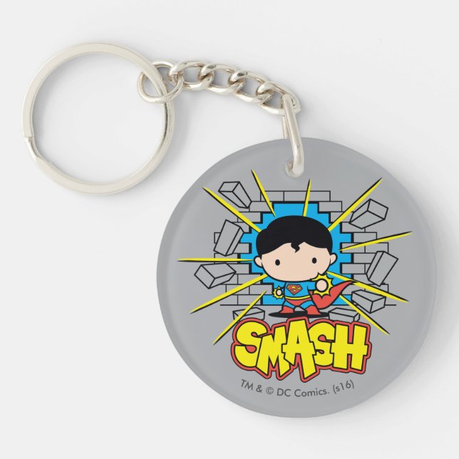 Chibi Superman Smashing Through Brick Wall Keychain (Front)