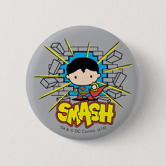 Chibi Superman Smashing Through Brick Wall Pinback Button (Front)
