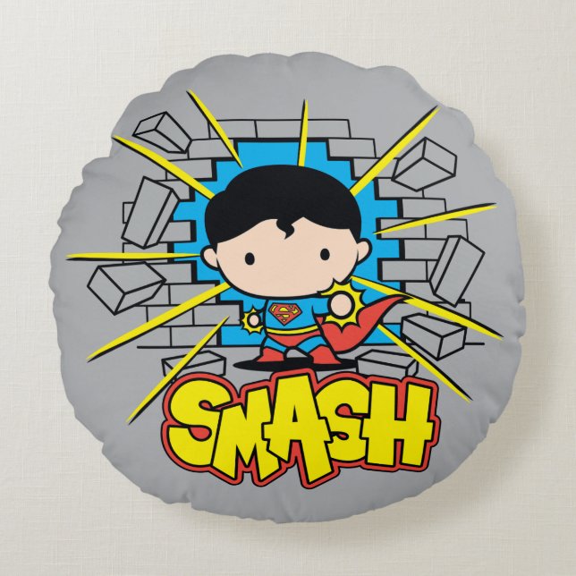 Chibi Superman Smashing Through Brick Wall Round Pillow (Front)