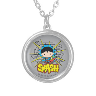 Chibi Superman Smashing Through Brick Wall Silver Plated Necklace