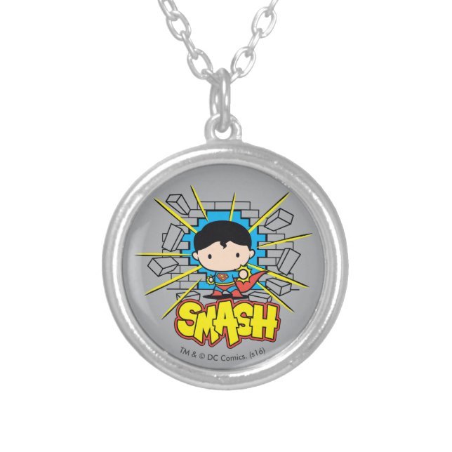 Chibi Superman Smashing Through Brick Wall Silver Plated Necklace (Front)