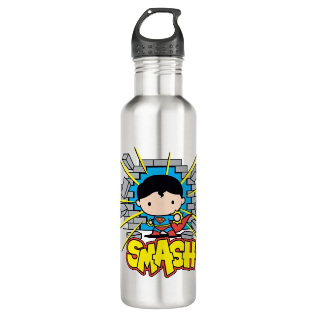 Chibi Superman Smashing Through Brick Wall Stainless Steel Water Bottle (Front)