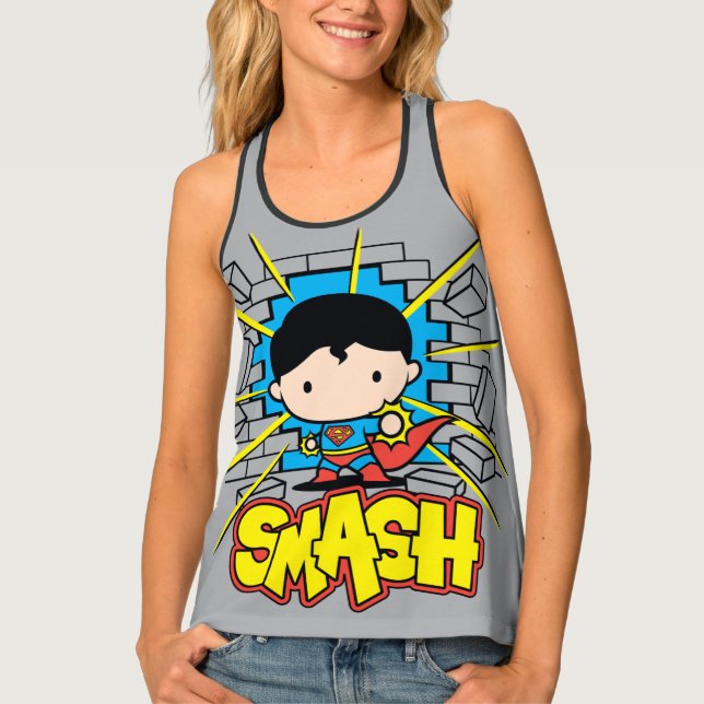 Chibi Superman Smashing Through Brick Wall Tank Top (Front)