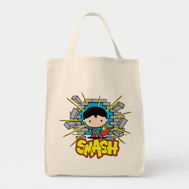 Chibi Superman Smashing Through Brick Wall Tote Bag (Front)