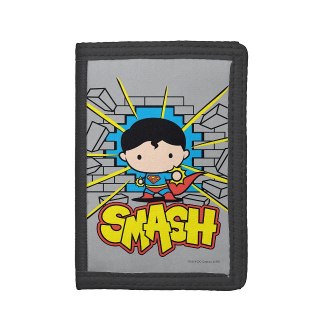 Chibi Superman Smashing Through Brick Wall Tri-fold Wallet (Front Vertical)