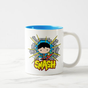 Chibi Superman Smashing Through Brick Wall Two-Tone Coffee Mug
