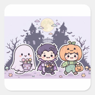 Chibi Trick or Treat Halloween Kids Design Square Sticker