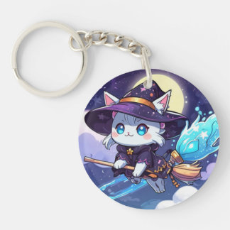 Chibi Witch Cat Flying in Starry Sky – Kawaii Magi Keychain