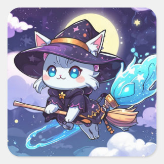 Chibi Witch Cat Flying in Starry Sky – Kawaii Magi Square Sticker