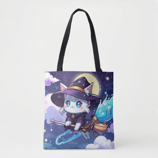 Chibi Witch Cat Flying in Starry Sky – Kawaii Magi Tote Bag (Front)