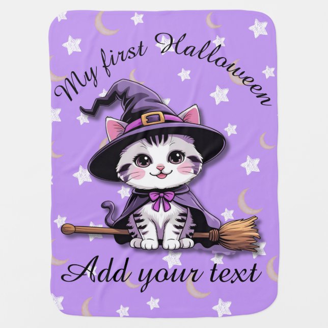 Chibi Witch Kitten – Soft Pastel Halloween Blanket (Front)
