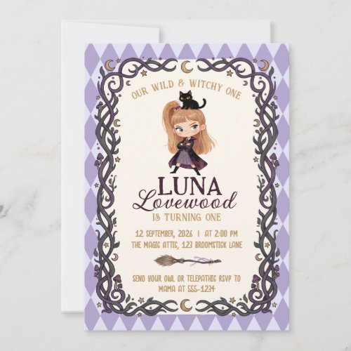 Chibi Witch One 1st Birthday Invitation Watercolor