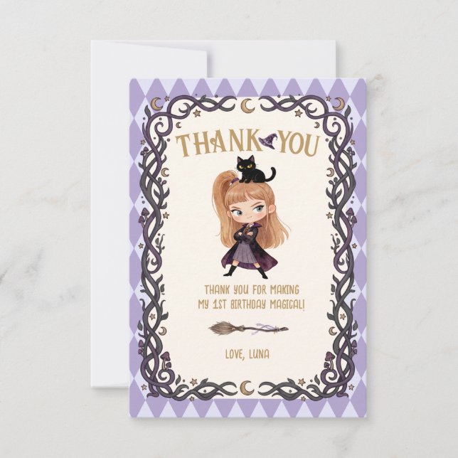 Chibi Witch One 1st Birthday Invitation Watercolor (Front)