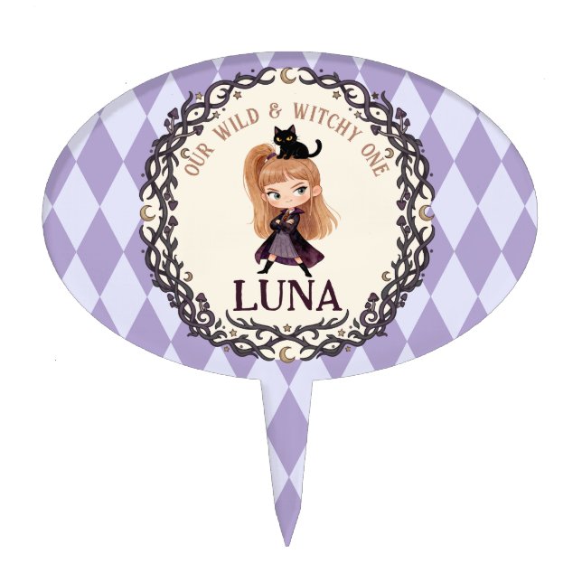 Chibi Witch One 1st Birthday Invitation Watercolor Cake Topper (Front)